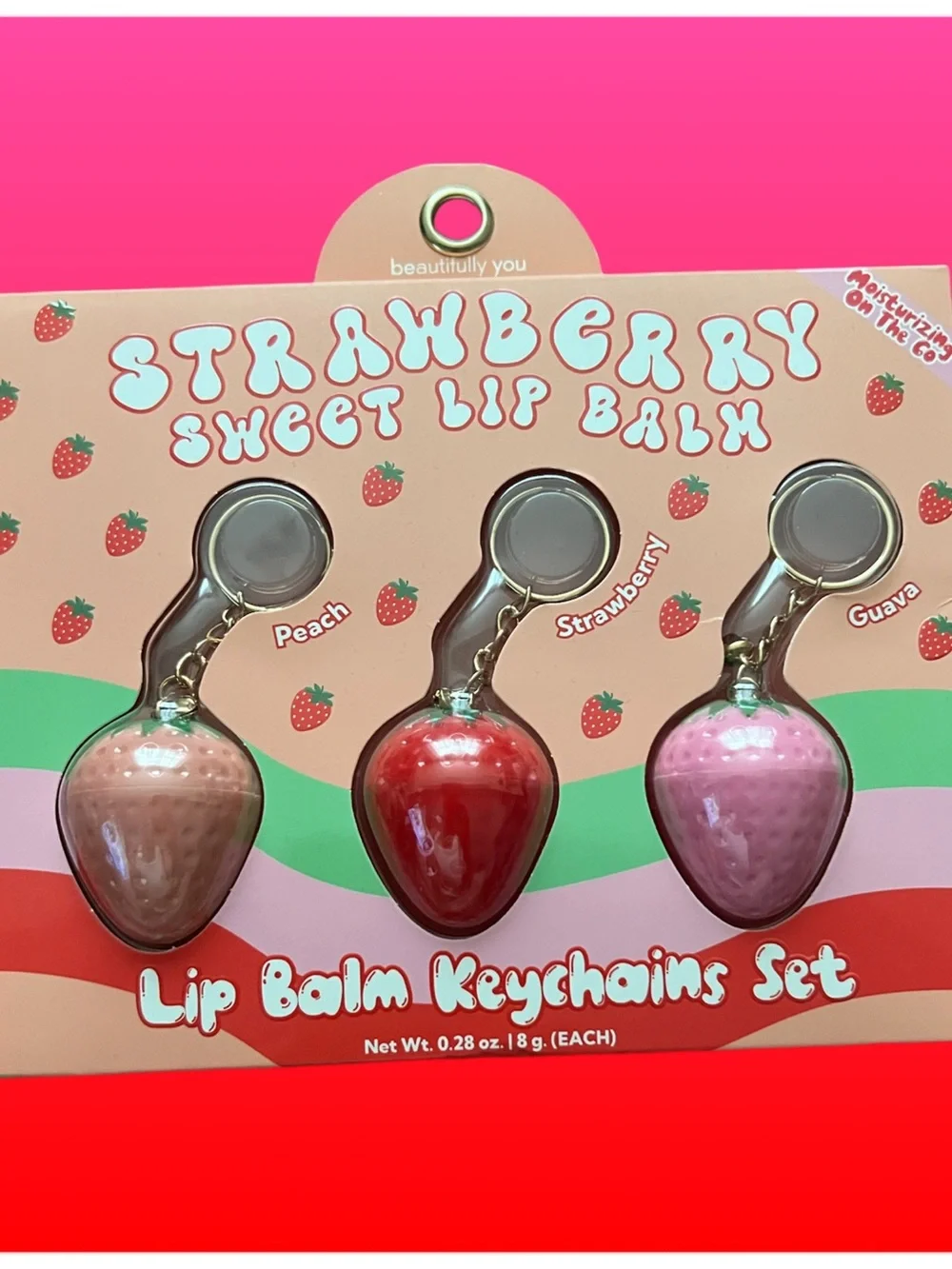 Strawberry Sweet Lip Balm Keychain Set - Peach, Strawberry, Guava